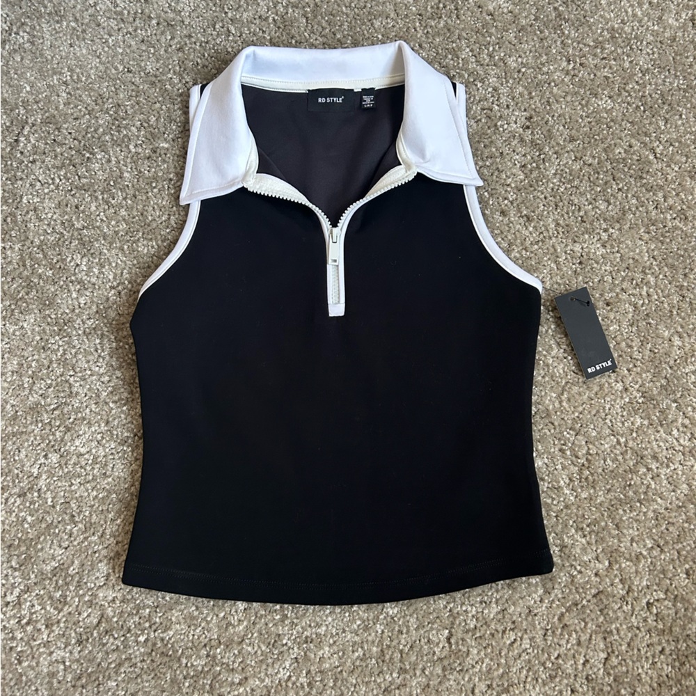 Black & White Collar Quarter Zip Crop Tank Top